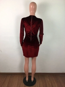 Détail d'une robe moulante en velours bordeaux avec fermeture éclair au dos et strass sur les manches