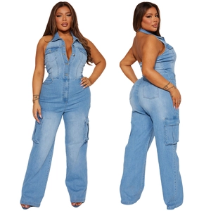 Front and back view of a light blue halter neck denim jumpsuit with cargo pockets