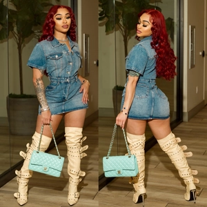 Women Casual Short Sleeve Denim Mini Dress Button Up Slim Fit Washed Blue Cotton Blend Streetwear Fashion Dress
