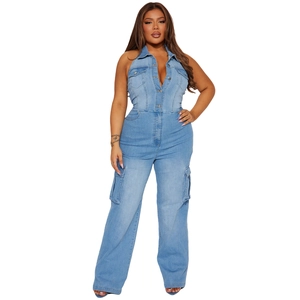 Detail of light blue denim jumpsuit with halter neck and large cargo pockets