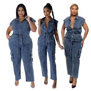 Women's Sleeveless Denim Jumpsuit Slim Fit Washed Cotton Cargo Romper With Pockets Drawstring Waist Fashion Streetwear