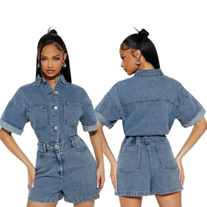 Women's casual short sleeve elastic denim jumpsuit with button front and chest pockets