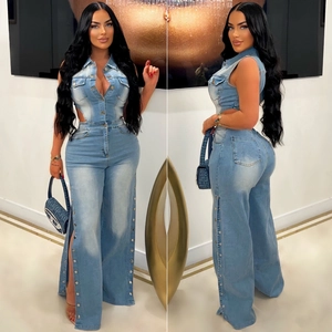 Combinaison en Jean Sexy pour Femmes Sans Manches Revers Boutonné Pantalon Large Bleu Clair Délavé Streetwear