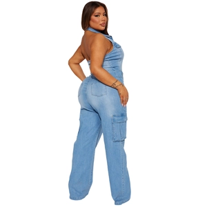 Detailed back view of a light wash denim jumpsuit featuring a backless halter neck design