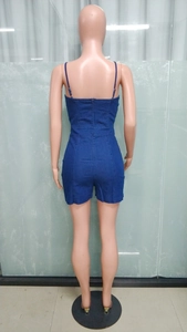Rear view of slim fit denim romper featuring adjustable straps and hidden back zipper