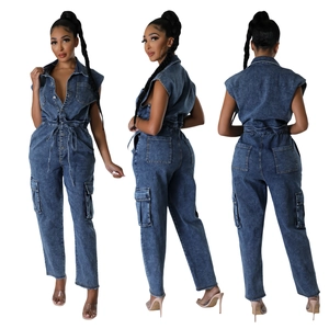 Slim fit sleeveless denim jumpsuit with elastic waist and cargo pockets in blue wash