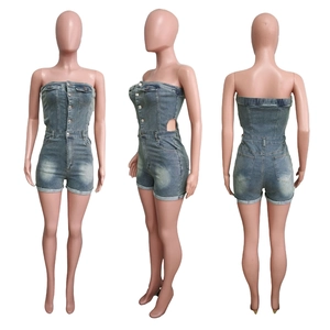 Three-way view of strapless denim romper with metal buttons and waist cut-out details