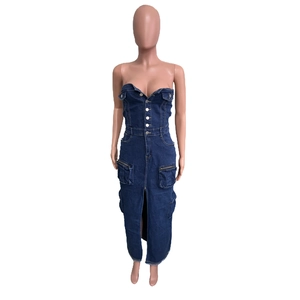 Detail of dark blue denim tube dress featuring metal buttons and cargo pockets with zippers