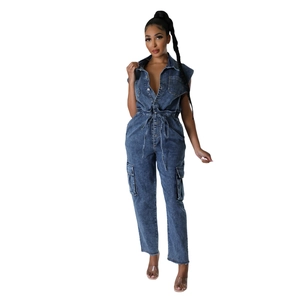 Slim fit sleeveless dark blue denim jumpsuit with cargo pockets and drawstring waist