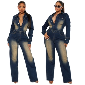 Front and side view of slim fit flared denim jumpsuit with vintage yellow wash effect