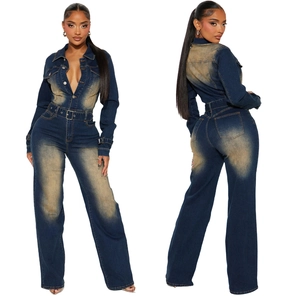 Front and back view of retro dark blue flared denim jumpsuit with matching waist belt