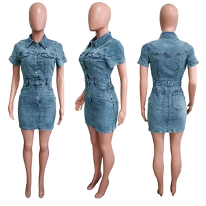 Slim fit washed blue denim mini dress with button-down front and collar detail