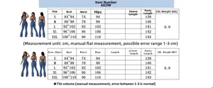 Size chart for strapless backless denim jumpsuit showing bust, waist and hip measurements