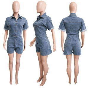Three-way view of blue washed denim short-sleeve romper with multiple utility pockets