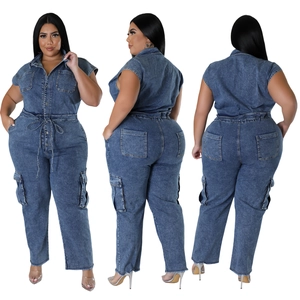 Women's blue wash denim jumpsuit with drawstring waist and cargo pockets, 3-view display