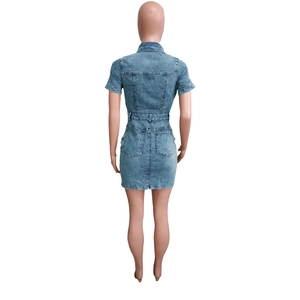 Rear view of slim fit denim mini dress with short sleeves and back pockets detail