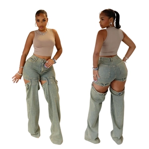 Jean Femme Coupe Droite Mode de Rue Ajouré Vintage Pantalon en Denim Lavé Avec Boucles Taille Haute Streetwear