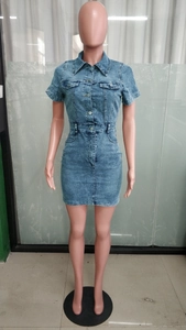 Detail of slim fit denim dress showing button-up front and utility chest pockets