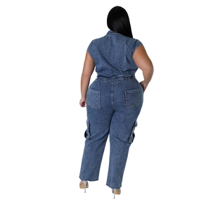 Back view of a slim-fit blue denim jumpsuit with waist stitching and cargo pockets