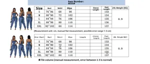 Detailed sizing chart for women's strapless denim jumpsuit with measurements for S to XXL