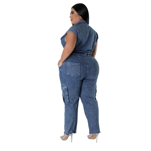 Detail view of denim jumpsuit back with workwear pockets and slim fit waist design