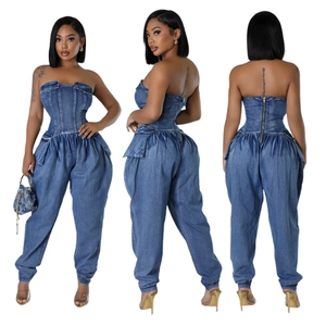 Women Strapless Denim Jumpsuit High Stretch Slim Fit Bodycon Tube Top Romper Pocket Jeans One Piece Pants Streetwear