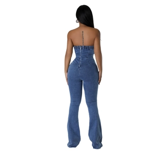 Sleeveless denim jumpsuit with a strapless tube top and back zipper in dark blue wash