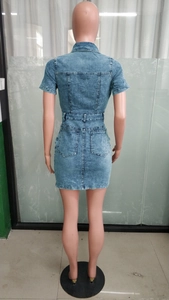 Rear view of slim fit denim mini dress featuring back pockets and a cinched waist design