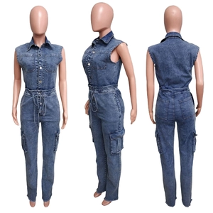 Detailed views of a blue denim jumpsuit with drawstring waist and cargo pockets