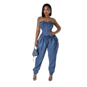 Slim-fit strapless denim jumpsuit for women with a high-waisted silhouette in medium blue wash