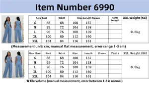 Size chart for slim fit denim jumpsuit with detailed measurements from S to XXL