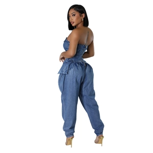 Slim fit strapless denim jumpsuit for women with high waist and back metal zipper closure