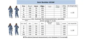Size chart showing S-XXL measurements for the washed denim cargo utility jumpsuit