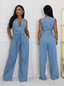 Women Sleeveless Denim Jumpsuit V Neck Zipper Front Belted Waist Wide Leg Casual Washed Cotton One Piece Romper Long Pants