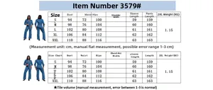 Size guide for denim utility jumpsuit featuring detailed bust and waist measurements