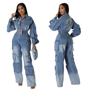 Women Casual Denim Jumpsuit Workwear Cargo Style Long Sleeve Washed Blue Multi Pockets Wide Leg Romper Streetwear Fashion