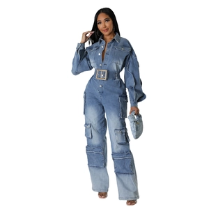 Women's light blue washed denim cargo jumpsuit with rhinestone belt and utility pockets