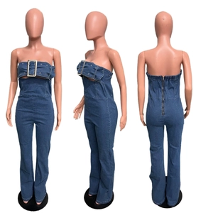 Three-way view of denim tube top jumpsuit with metal buckle belt and back zipper closure