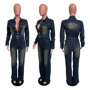 Three-way view of slim fit dark blue washed denim jumpsuit with metal buckle belt