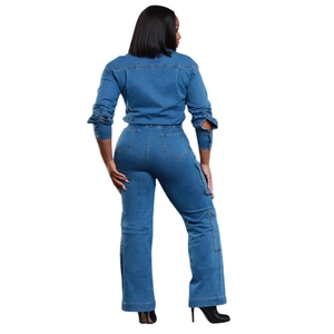 Deep blue denim long sleeve jumpsuit with back pocket details and wide leg cut