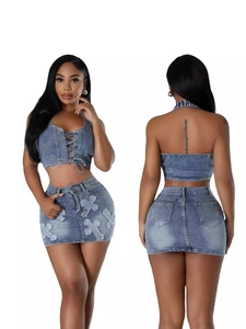 Women's Y2K Halter Neck Lace Up Denim Top And Bottom Washed Blue Distressed Cross Patch Mini Skirt Streetwear Sexy Outfit