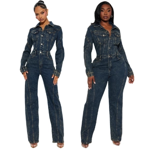 Women Retro Washed Denim Jumpsuit Long Sleeve Slim Fit Button Up Boiler Suit Casual Denim Romper Overalls