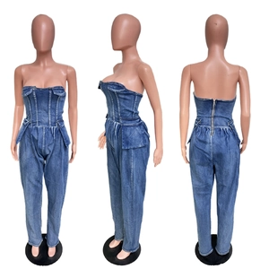 Three-way view of denim strapless jumpsuit with stitching and rear zipper detail