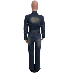 Detail view of denim jumpsuit back with washed vintage texture and rear pockets