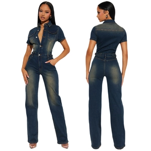 Slim fit washed denim jumpsuit with short sleeves and straight leg in vintage blue style