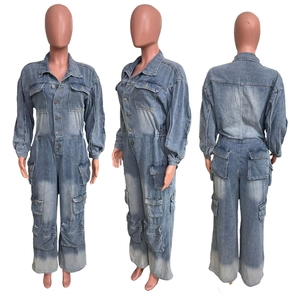 Three-way view of light blue washed denim cargo jumpsuit with multiple pockets