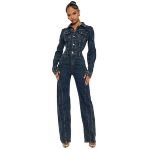 Women's dark blue long sleeve denim boiler suit with high waist and wide leg fit