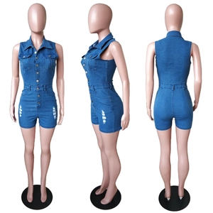 Women's slim fit sleeveless denim romper with distressed details and chest pockets