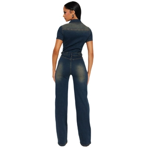 Slim fit dark blue denim jumpsuit featuring a high waist straight leg and vintage wash