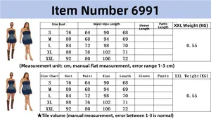 Detailed size chart for the strapless denim bodycon jumpsuit showing S to XXL measurements